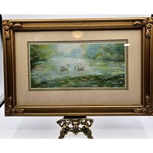 Vintage Swan Print Framed Matted Gold Frame 15x10 Romantic Lake Artwork